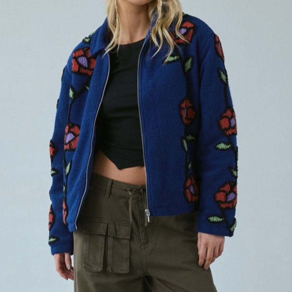 Urban Outfitters-Obey-Fields Floral Sherpa Fleece Jacquard Jacket-Nature-New-XS